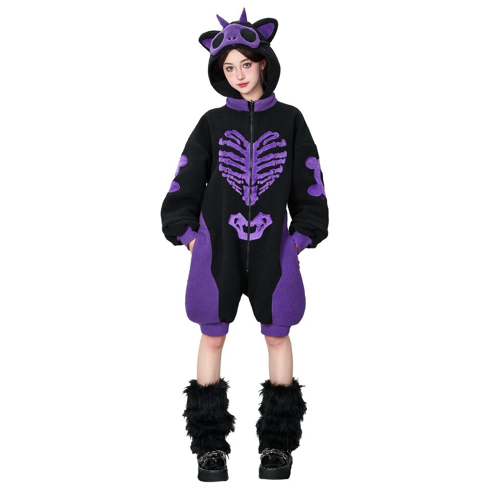 1993 Unisex Cat Skull Plush Hooded Pajama Set - Black/Purple, Detachable